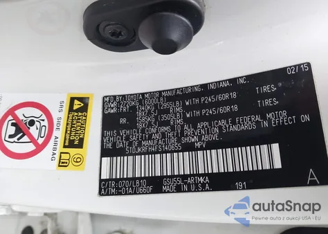 2015 Toyota Highlander Xle V6 z USA, uszkodzony, nr VIN 5TDJKRFH4FS140655